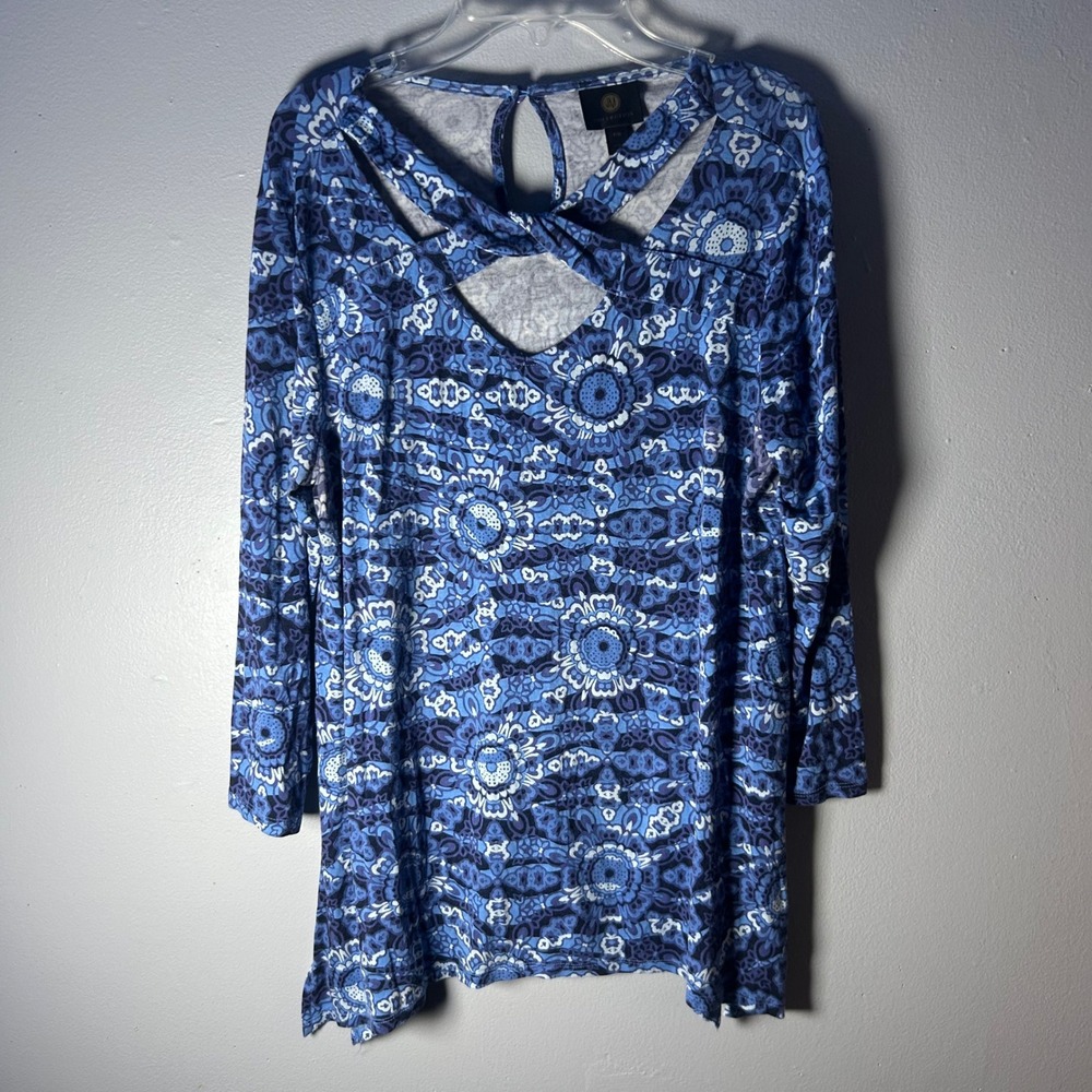 JM Collection Blue Floral Print Crisscross Neck Tunic‎ Top Women's Size PM